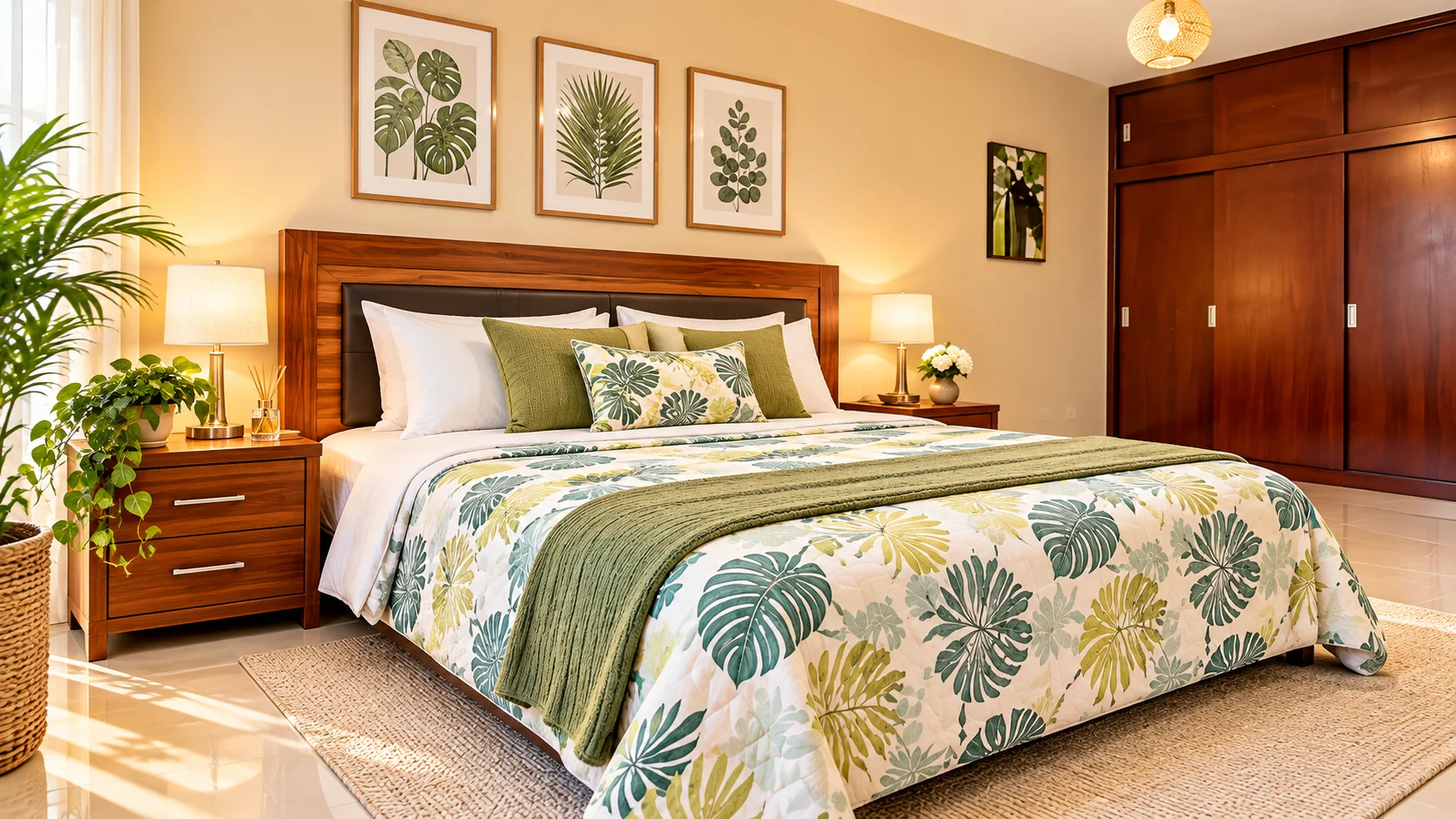 Imagen ilustrativa de habitación amueblada con cama, decoración y luz natural